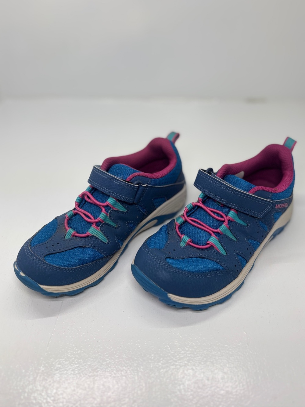 Merrell Kids Trail Running Hiking Shoes Blue Pink Hook & Loop Size 1 EU 32 - Picture 2 of 13